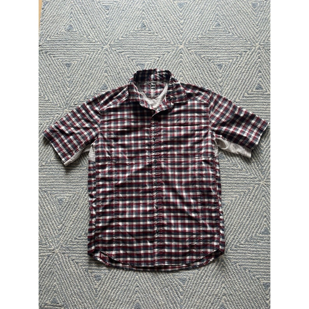 REI Short Sleeve Button Vented Shirt -‎ Polyester/Spandex - Red/Grey/Off-White -